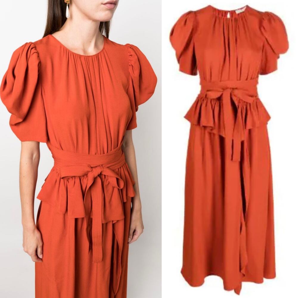 Ulla Johnson Marion Puff Sleeve Ruffle Detail Belted Midi Dress In Orange Size 2